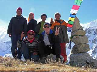 Jerome Ryan and Guide Gyan Tamang and crew at Pangpema in front of Kangchenjunga North Face